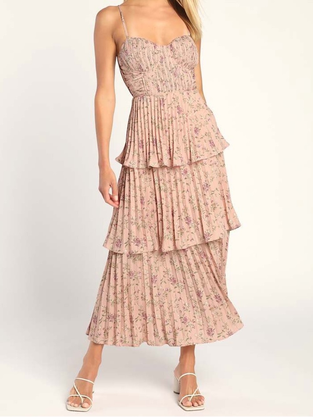 Lulus Cascading Crush Pink Floral Print Tiered Bustier Midi Dress size M